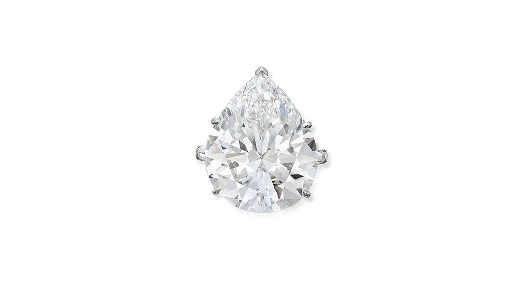 A Harry Winston ring featuring a 23.65-carat pear-shaped diamond flanked by baguette diamonds from the Skeltons’ collection Red Skelton ring